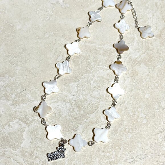 White Mother of Pearl Clover Beaded Short Necklace +Cat Person Paw Print Pendant - Picture 5 of 13